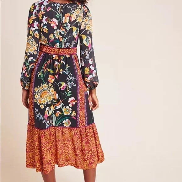 ANTHROPOLOGIE Adair Velvet Trimmed Floral Boho Midi Dress sz 8 US - Picture 3 of 14